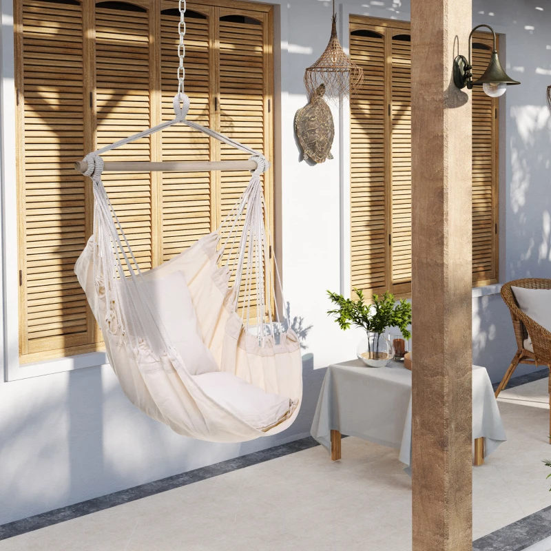 Outsunny Cadeira Suspensa Exterior Cadeira de Rede com 2 Almofadas Interior e Exterior em Tecido Misto Algodão Creme