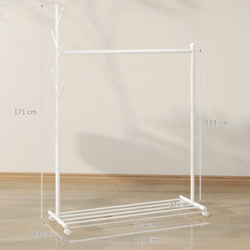 HOMCOM Burro para Ropa con Ruedas 5 Ganchos Barra para Colgar y Balda Inferior para Recibidor Entrada 120x43x171 cm Blanco