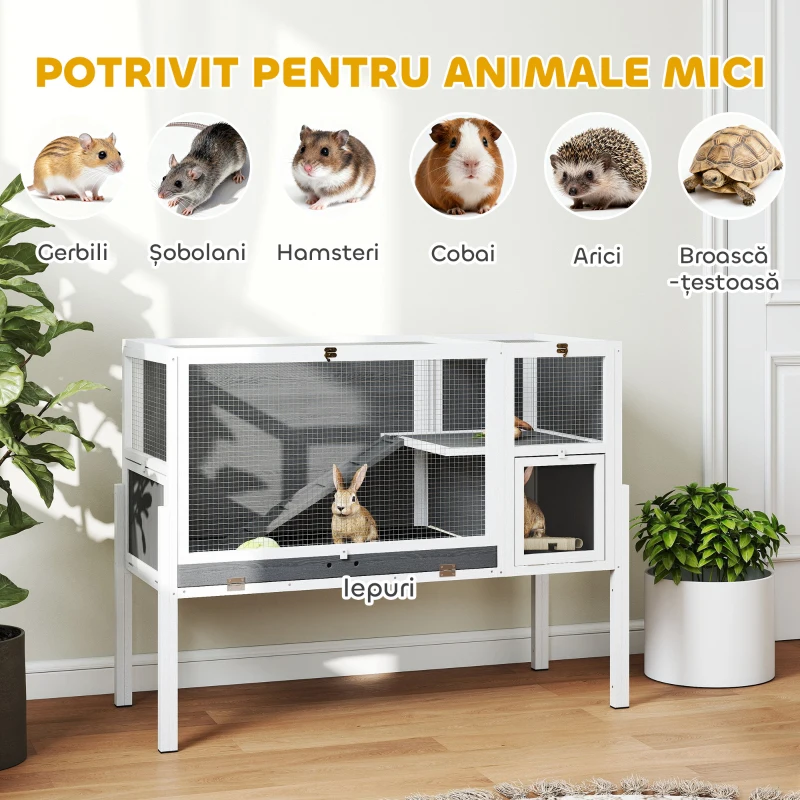 PawHut Cușcă pentru Iepuri de Interior Convertibilă, Căsuță Ridicată din Lemn cu Tavă Detașabilă și Acoperiș Rabatabil, pentru Hamsteri Sirieni, Gerbili și Porcușori de Guineea, Gri