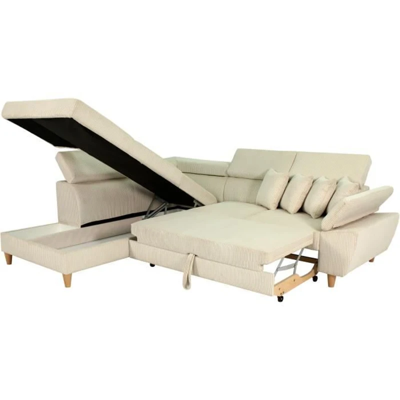 Canapé d'angle convertible - 4 places - WESTON - Velours côtelé beige - Tetieres réglables - 259 x 227 x 77/92 cm