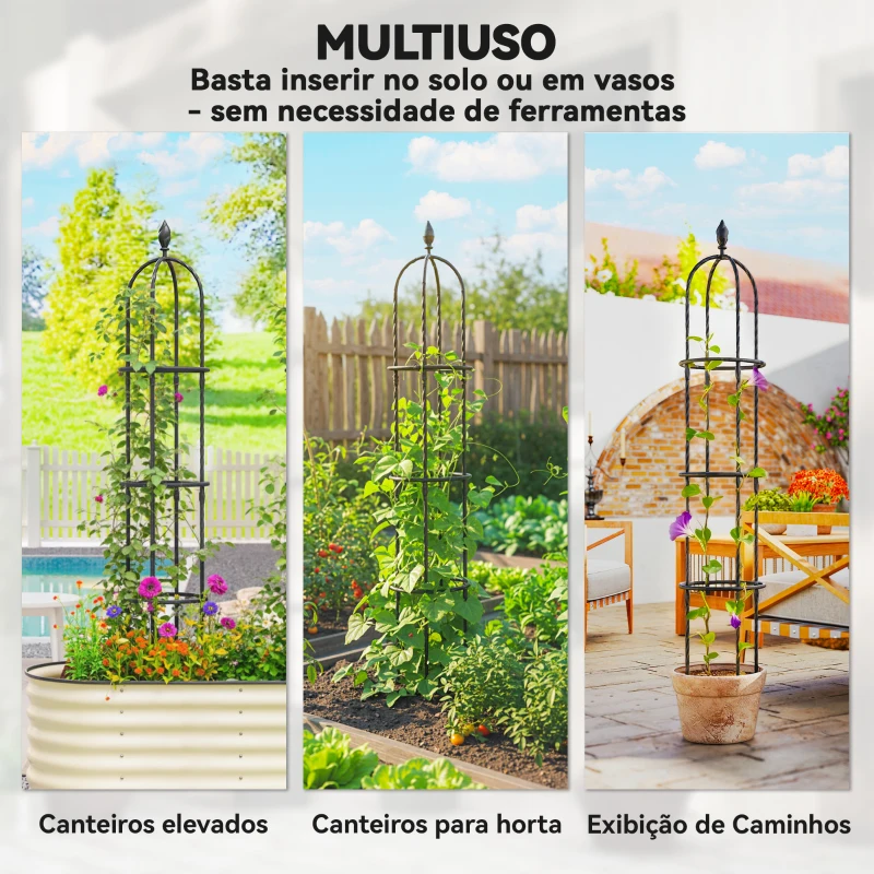 Outsunny Conjunto de 2 Obeliscos de Jardim em Aço 1,74 m Treliças para Plantas Trepadeiras Rosas para Exterior Pátio Preto