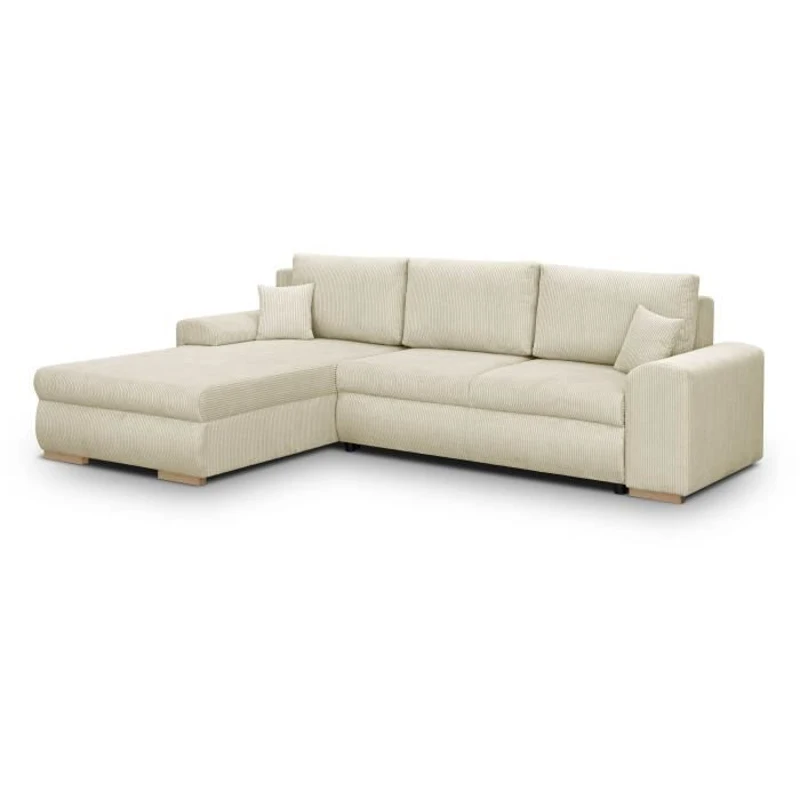 Canapé d'angle convertible - 5 places - INDIAN - Tissu velours côtelé Beige - Coffre de rangement - 289 x 94/188 x 88 cm