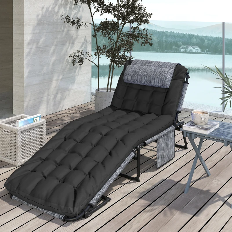 Outsunny Tumbona Plegable de Jardín con Almohada y Respaldo Ajustable 4 Posiciones, Negro