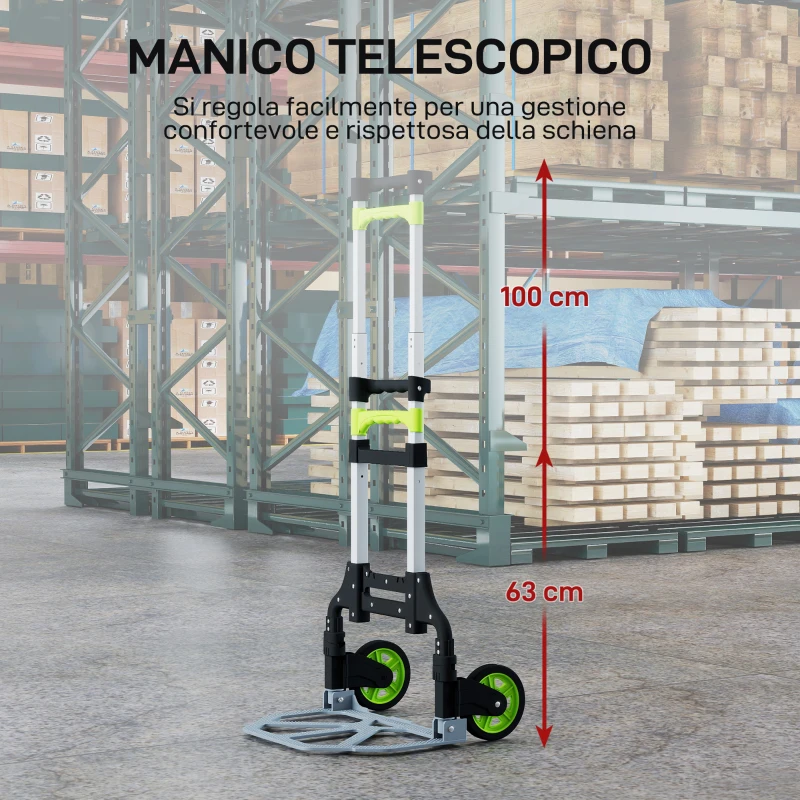 HOMCOM Carrello Portapacchi Pieghevole Capacità 70 kg con Maniglia Telescopica in Alluminio, Argento