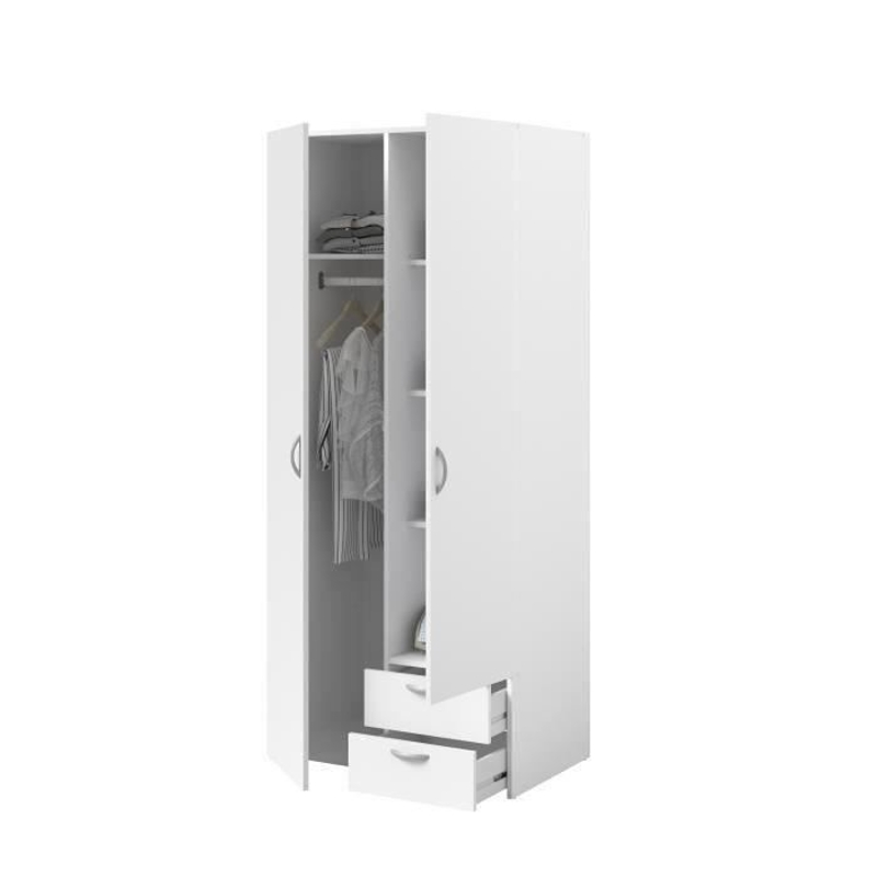 Armoire VARIA - Décor blanc - 2 portes battantes + 2 tiroirs  - L 81 cm x H 185 x P 51 cm - PARISOT