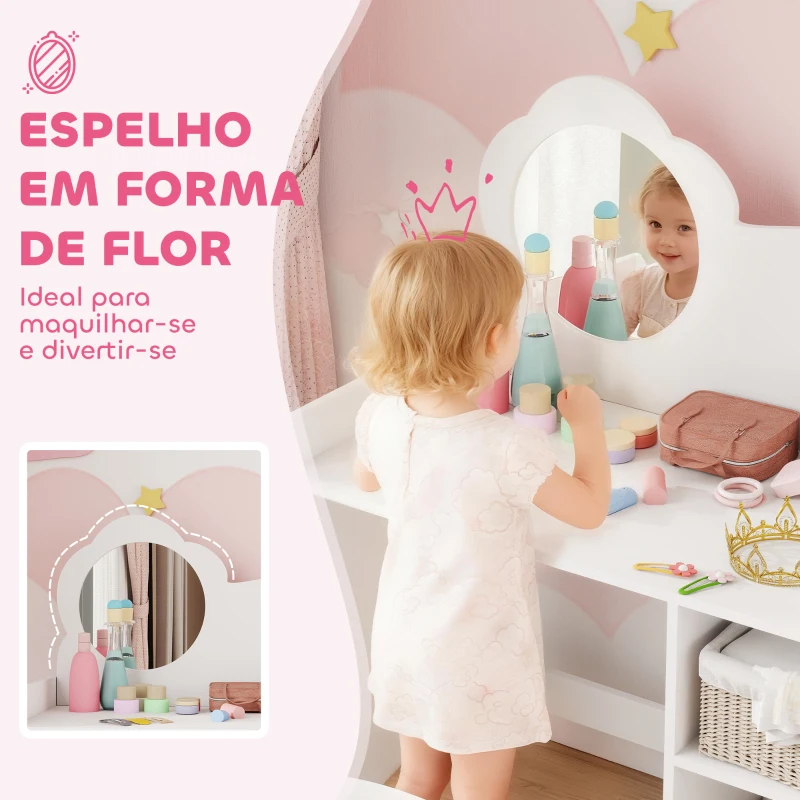 AIYAPLAY Toucador para Crianças com Banco e Espelho em Forma de Flor com Compartimentos Abertos 70x39x92,5 cm Branco