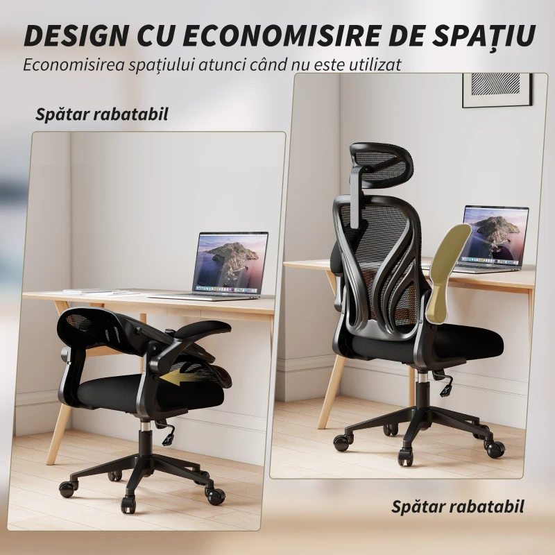 HOMCOM Scaun de Birou Ergonomic cu Brațe Rabatabile și Spătar Pliabil, Scaun de Birou cu Funcție Balansoar, Tetieră Reglabilă, Șezut Rotativ, Negru