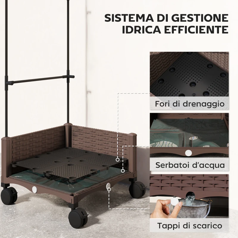 Outsunny Fioriera Rialzata con Traliccio 20L, Letto per Orto Rialzato da Esterno con Ruote Bloccabili, Sistema di Autoirrigazione, Fori di Drenaggio per Piante Rampicanti, Verdure e Fiori, Marrone