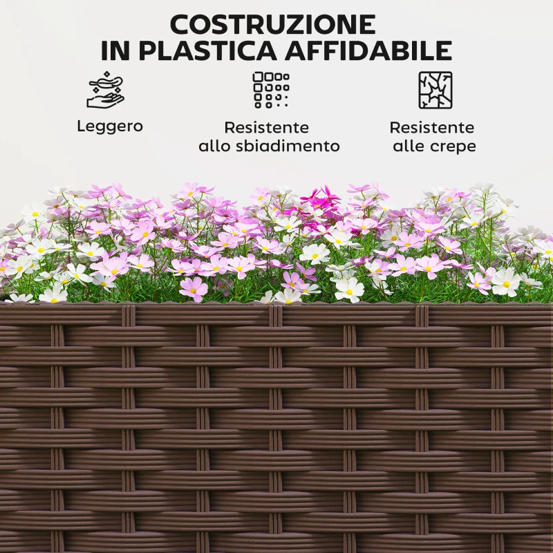 Outsunny Fioriera Rialzata in Plastica 85L, Letto per Orto Rialzato da Esterno con Ruote Bloccabili, Sistema di Autoirrigazione, Fori di Drenaggio per Piante Rampicanti, Verdure e Fiori, Marrone