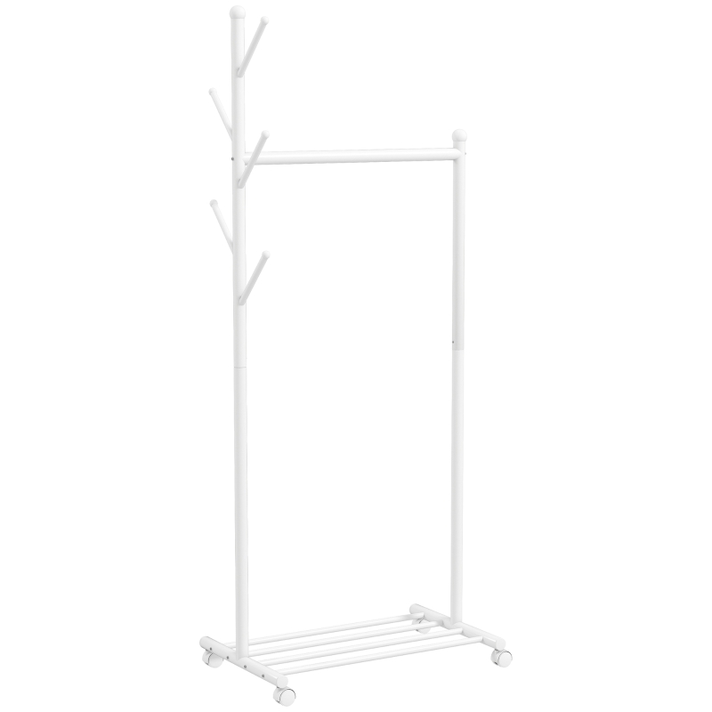 HOMCOM Burro para Ropa con Ruedas 5 Ganchos Barra para Colgar y Balda Inferior para Recibidor Entrada 68x43x171 cm Blanco