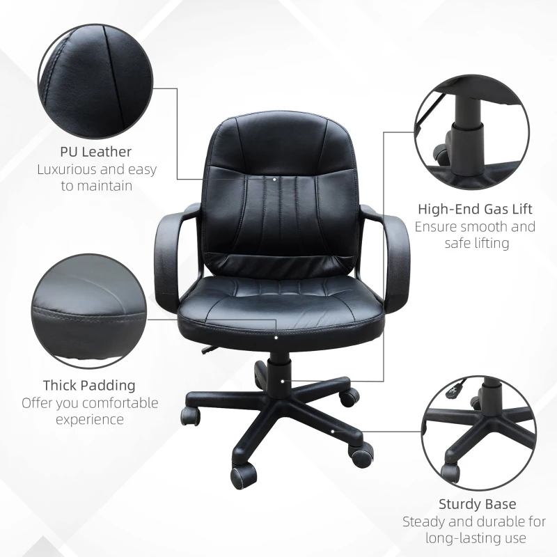 HOMCOM Executive Office Chair for Home, Mid Back PU Leather Computer Desk Chair for Adults with Arm, Wheels, Black