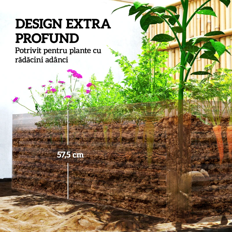 Outsunny Pat pentru Grădină Ridicat cu Fund Deschis și Bare de Suport, Ghiveci din Oțel Zincat pentru Flori și Legume, pentru Balcon sau Grădină, 180x90x57,5 cm, Maro Închis