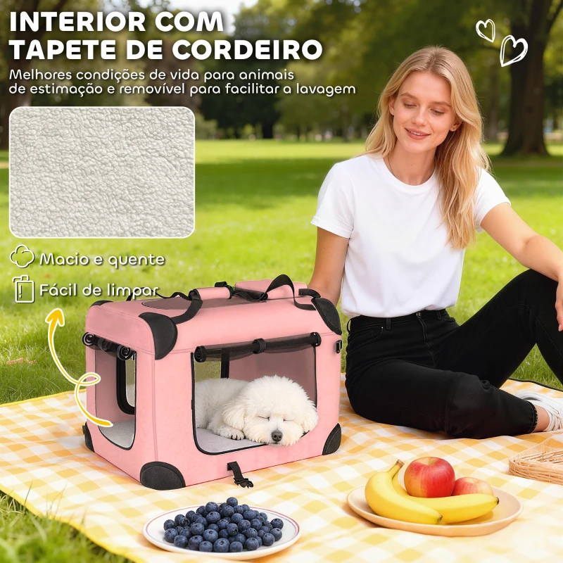 PawHut Transportadora Dobrável para Cães 60x41,5x41 cm com Janelas de Rede, Almofada Macia e 2 Alças para Mini Cães e Gatos Rosa