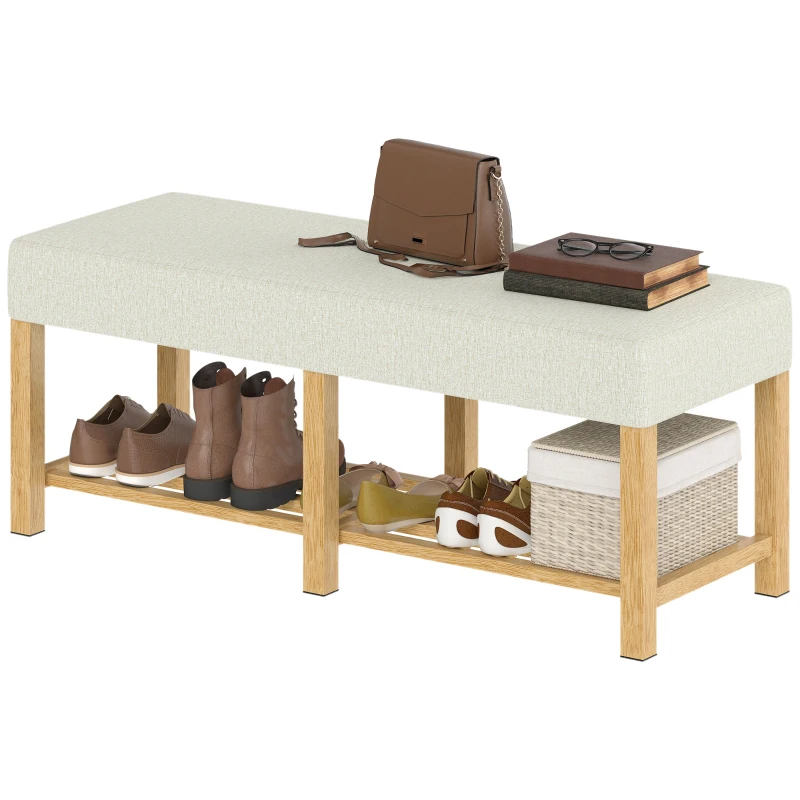 HOMCOM Banco para zapatos, banco de almacenaje con asiento acolchado, estantería abierta, madera de hévea, 120x44x48 cm, madera natural