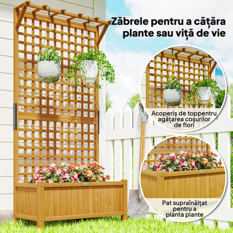 Outsunny Jardinieră înălțată cu Spalier și Acoperiș, Ghiveci, Strat de Flori, rezistent la intemperii, Lemn, 90 x 45 x 183 cm, Maro