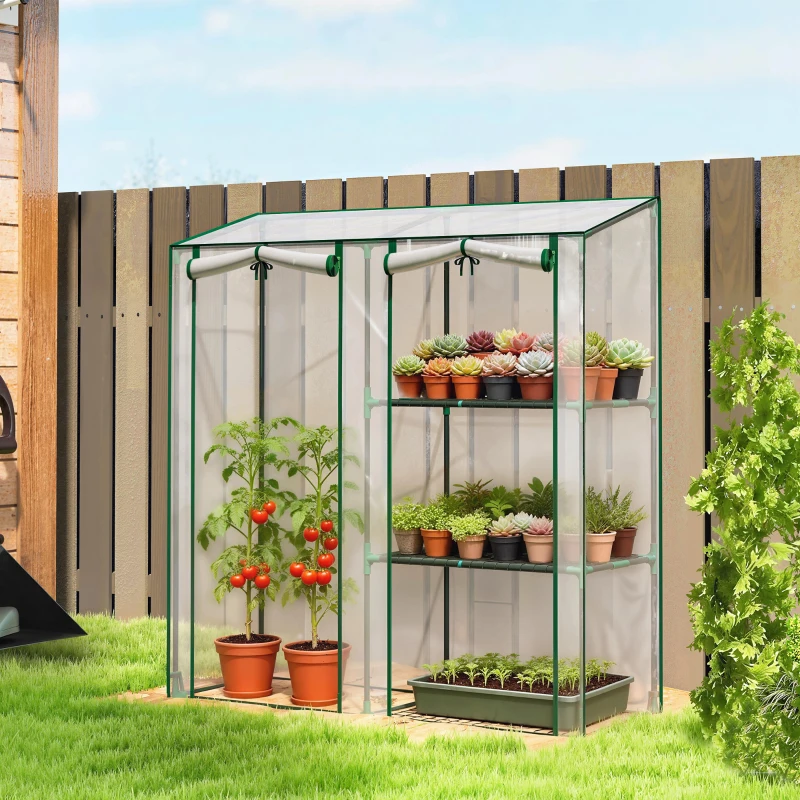 Outsunny Estufa de Jardim com 3 níveis de prateleiras, Pequena Estufa com Lona PVC e Estrutura em Aço, 2 Portas de Enrolar, Transparente