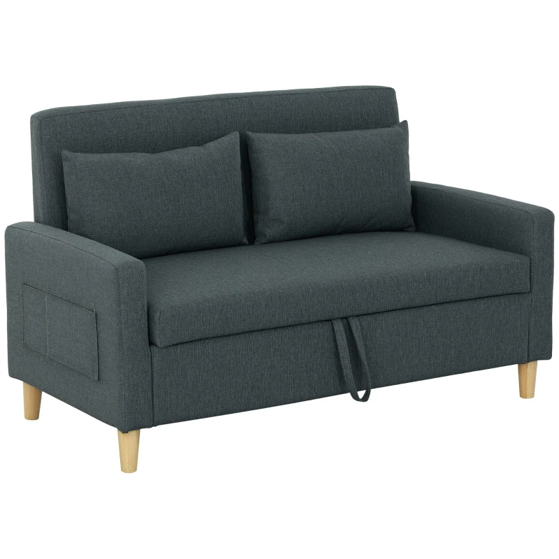 HOMCOM Divano 2 Posti con Spazio Portaoggetti e Cuscini, in Tessuto Effetto Lino e Legno, 135x72x84 cm, Grigio Carbone