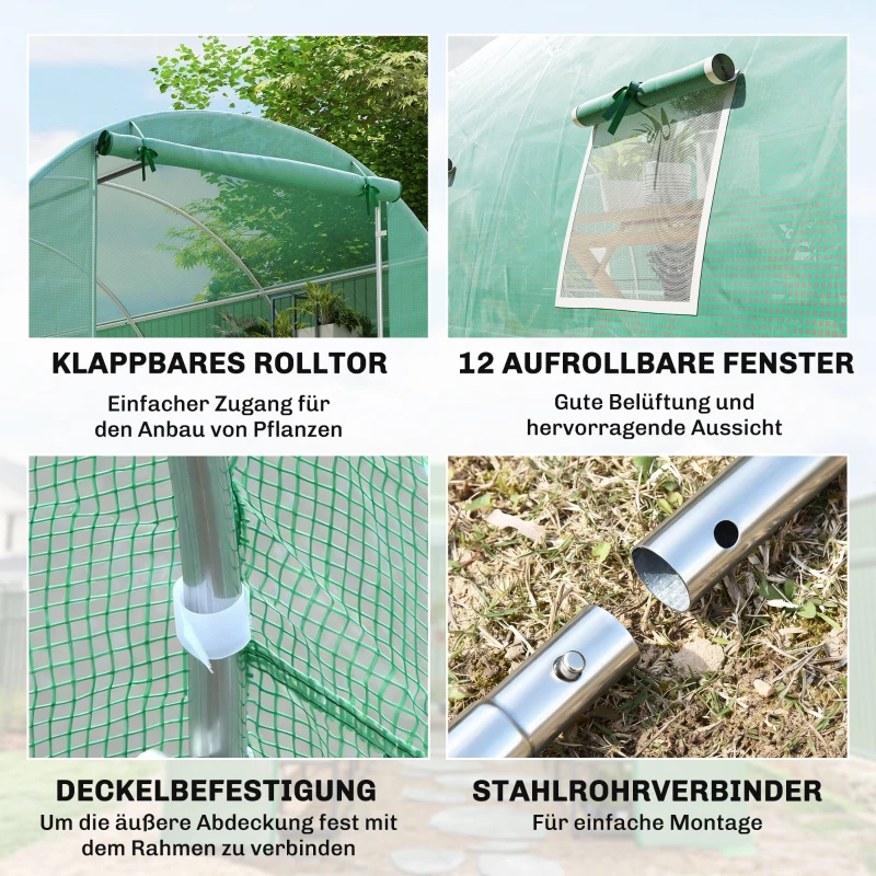 Outsunny Gewächshaus 800x300x200cm Foliengewächshaus Tomatenhaus mit Tür, 12 Fenster, Folientunnel aus verzinktem Stahl, PE, stabiles Treibhaus Pflanztunnel, inkl. Erdanker & Seilen, Grün