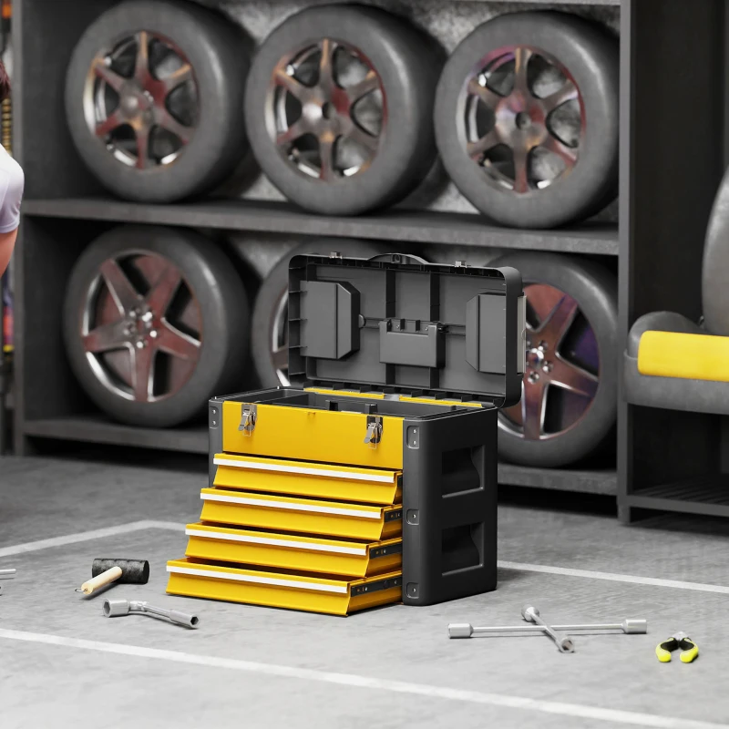 HOMCOM Cassetta degli attrezzi a 4 cassetti, in acciaio verniciato a polvere con vassoio removibile, 49,7x25,3x40,7cm, Giallo