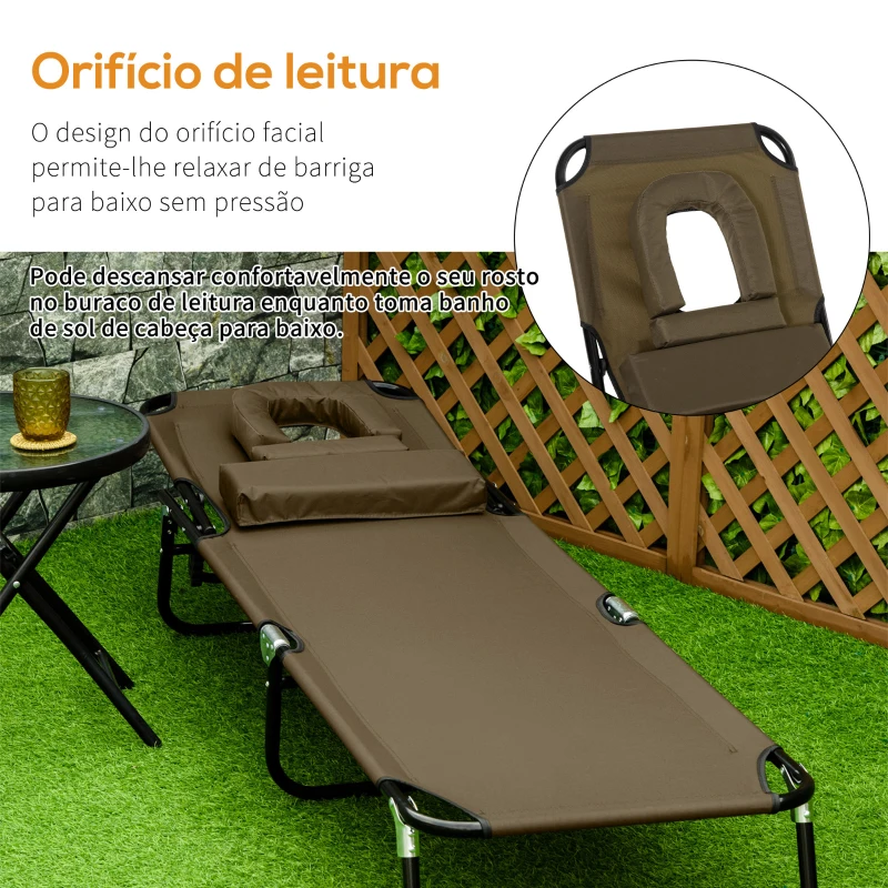 Outsunny Espreguiçadeira Dobrável com Encosto Ajustável 4 Posições com Orifício para Leitura Almofada Tecido Oxford 190x56x28 cm Castanho