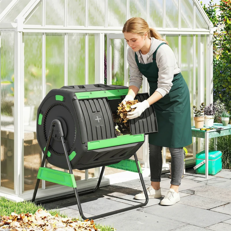 Outsunny Bac à compost, composteur à double chambre 200 L avec fentes d'aération réglables, sans BPA, Vert