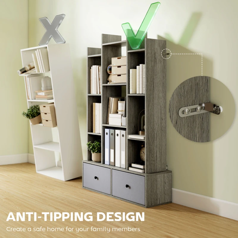 HOMCOM 12 Shelf Storage Unit, with Drawers - Graphite Wood Effect