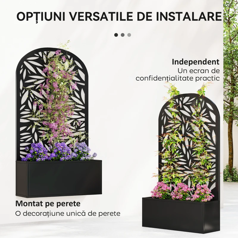 Outsunny Jardiniere Ridicată pentru Grădină și Balcon cu Spalier Arcuit Decorat cu Frunze, pentru Flori și Legume, Montare pe Perete sau Utilizare Independentă, Negru