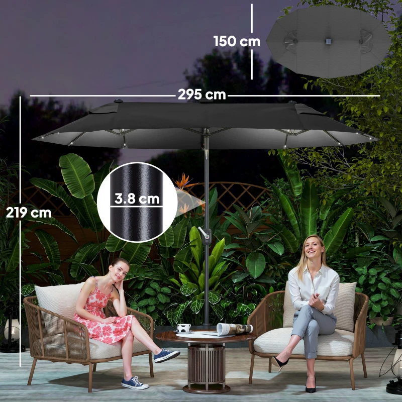Outsunny Ombrellone doppio con Base a crocee Luci Solari, 295x150x219cm, Grigio