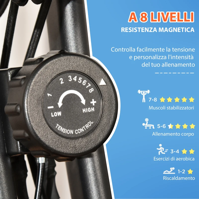 HOMCOM Cyclette Pieghevole con Resistenza Magnetica 8 Livelli, Sensore di Frequenza Cardiaca, Volano 2.5kg, Azzurro