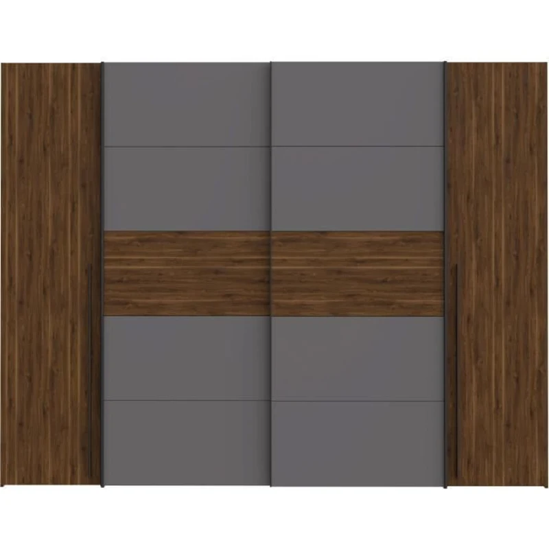 Armoire NARAGO - Décor Noyer Bakersfield et gris - 2 portes coulissantes + 2 portes battantes - L270 x P61 x H210 cm
