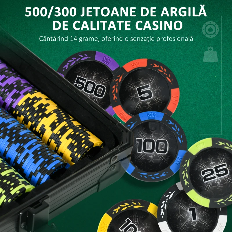 SPORTNOW Set Poker Complet, cu 500 Jetoane, 5 Zaruri, 2 Pachete de Cărți, 3 Butoane