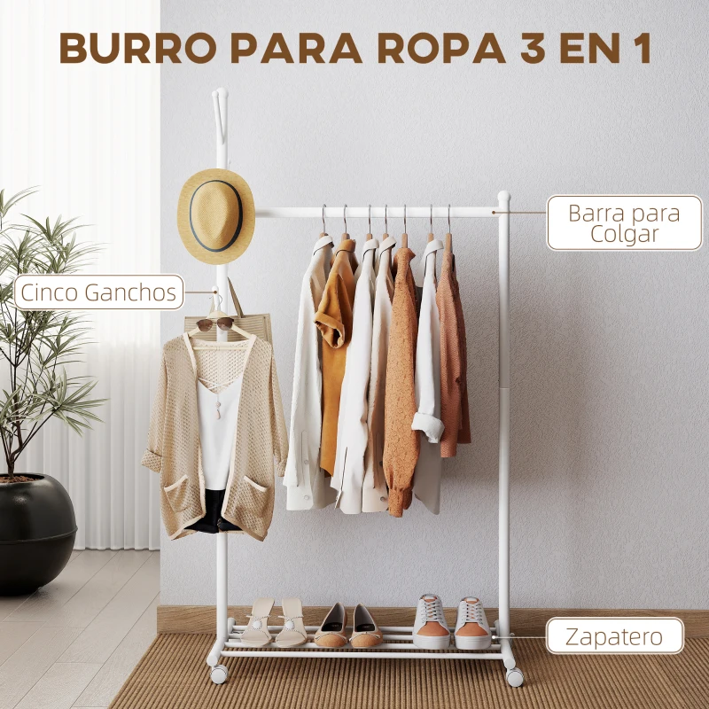 HOMCOM Burro para Ropa con Ruedas 5 Ganchos Barra para Colgar y Balda Inferior para Recibidor Entrada 86x43x171 cm Blanco