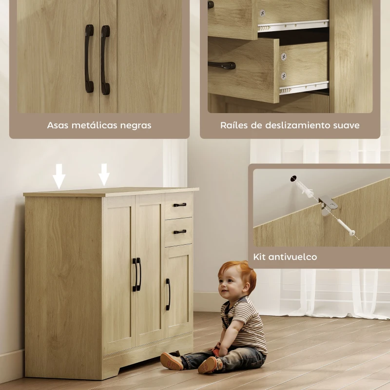 HOMCOM Aparador para Salón Moderno con 3 Puertas 2 Cajones Estante Ajustable para Comedor Entrada 120x38x79 cm Natural