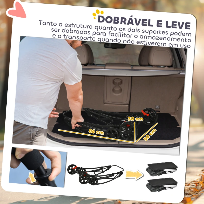 PawHut Carrinho Duplo para Cães e Gatos Dobrável com 2 Transportadoras Removíveis com Cinto e Almofadas 66x50x98 cm Cinzento Escuro