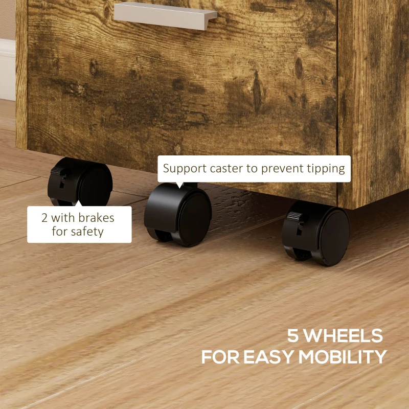 HOMCOM 3 Drawer Filing Cabinet, Rolling File Cabinet with Edged Top for Letter, A4 Size, Hanging File Folders, Rustic Brown