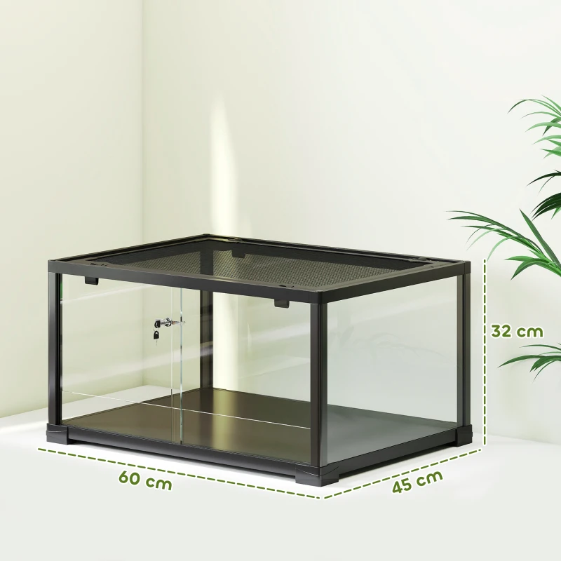 PawHut Terariu pentru Reptile Rialzato 60x45x32 cm cu Dublă Serratura, Ușă pentru Alimentare, Ventilație și Vizualizare a 360°, Rettilario cu Plasă Metalică pentru Șopârle, Păianjeni, Gecko, Șerpi, Negru