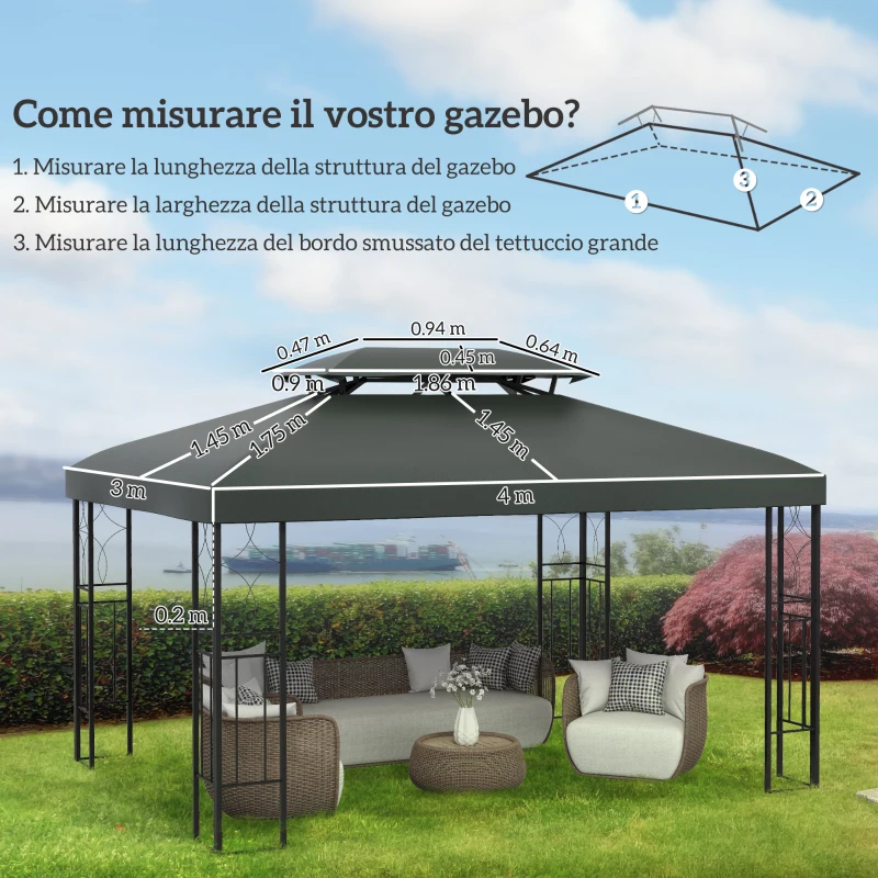 Outsunny Copertura per Gazebo 4x3 m a 2 Livelli in Poliestere con Cinghie e 10 Fori di Drenaggio, Grigio Scuro
