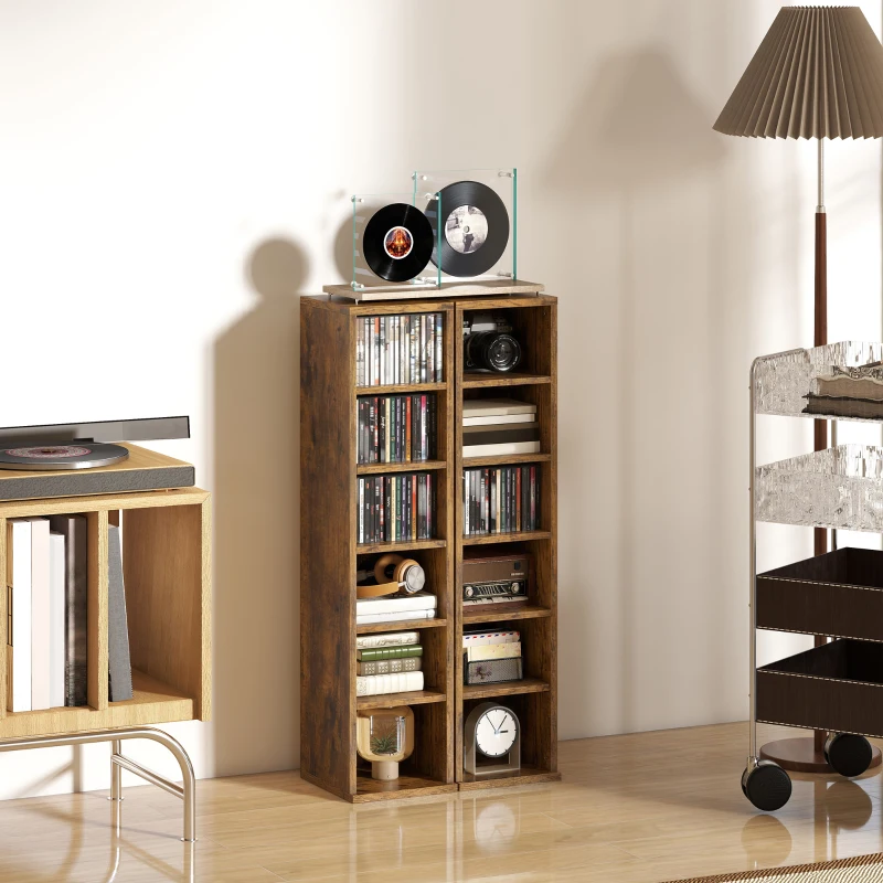 HOMCOM Set of 2 CD Media Display Shelf Unit Tower Rack with Adjustable Shelves, Rustic Brown