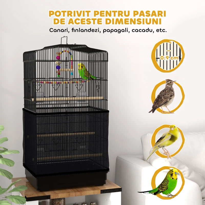 PawHut Colivie pentru pasari cu Stinghii, Leagan si boluri, Voliera din Metal si Plastic, 46.5x35.5x92 cm, Negru