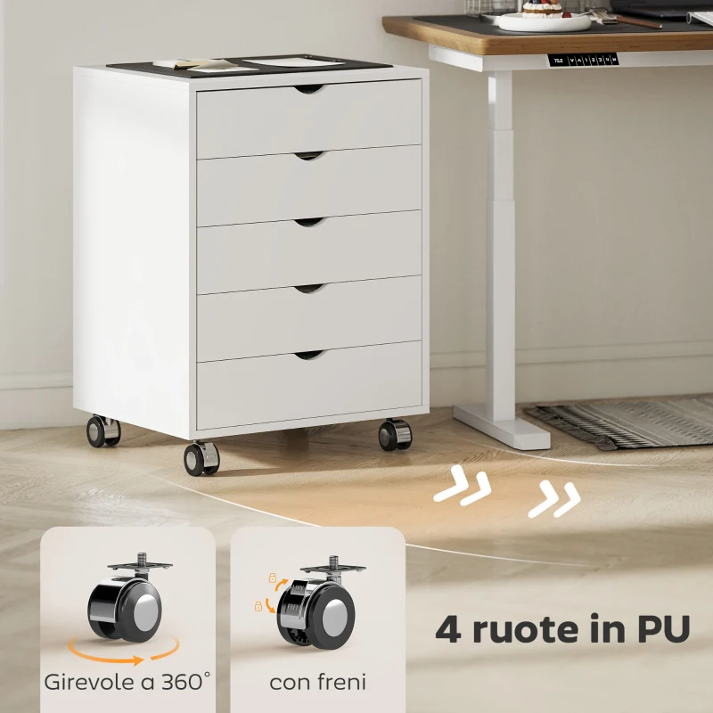 HOMCOM Cassettiera da Ufficio con 5 Cassetti per Documenti A3, Ruote e Blocco, 50x40x67.5 cm, Bianco