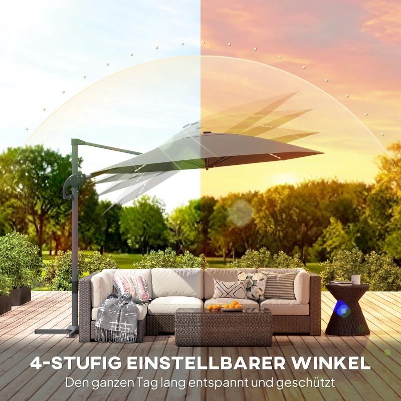 Outsunny Alu Ampelschirm LED Solar Ø300 cm höhenverstellbar Sonnenschirm mit Kurbel Ständer UV50+ Dunkelgrau