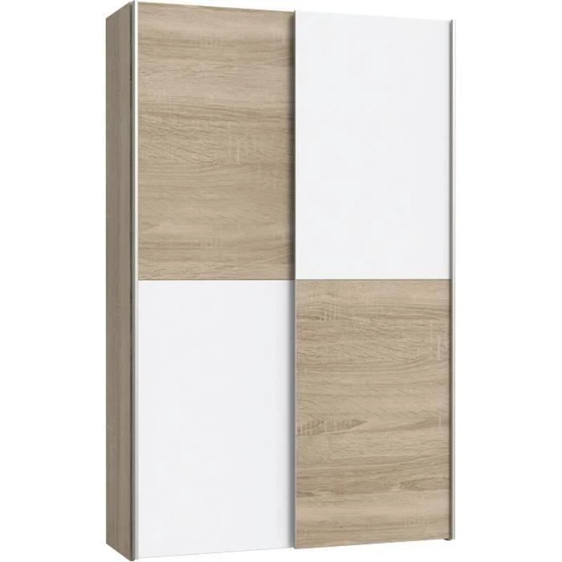 Armoire 2 portes coulissantes multifonction - Blanc et chene clair - L120 x P41,6 x H190,5 cm - OZZULA