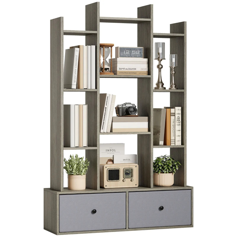 HOMCOM 12 Shelf Storage Unit, with Drawers - Graphite Wood Effect