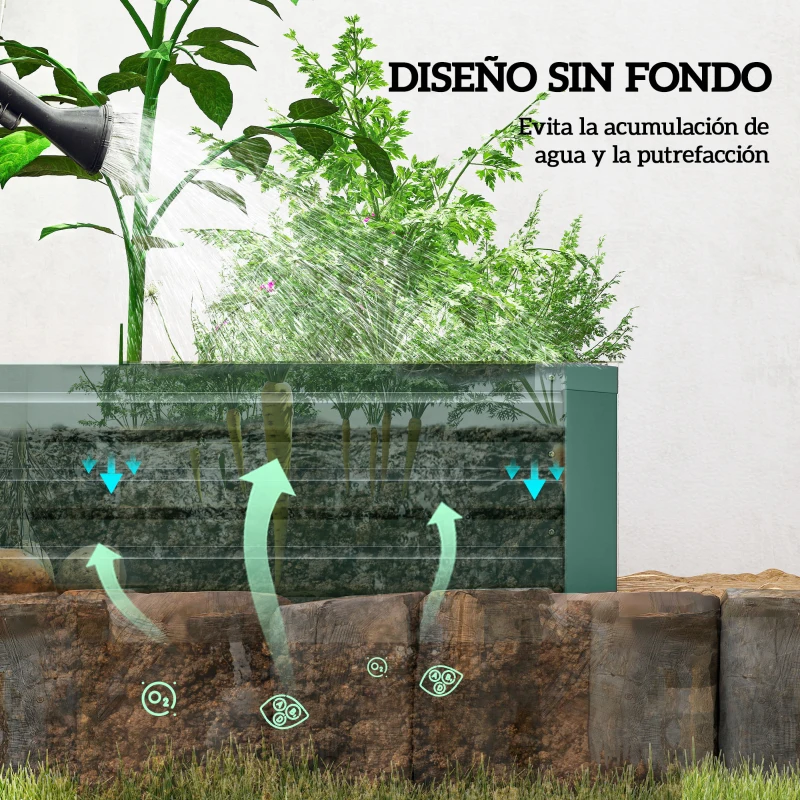 Outsunny Jardinera Exterior Grande Rectangular de Acero Galvanizado Huerto Urbano con Base Abierta 240x60x30 cm Verde