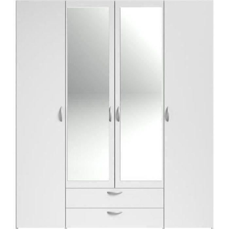 Armoire VARIA - Décor blanc - 4 portes battantes + 2 miroirs + 2 tiroirs - L 160 x H 185 x P 51 cm - PARISOT