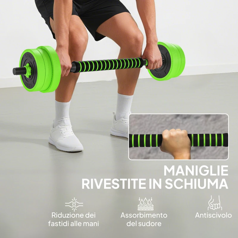 SPORTNOW Set Pesi da Palestra 4 in 1 da 20kg, Convertibile in Kettlebell, 2 Manubri, Bilanciere e Supporto Flessioni, Verde