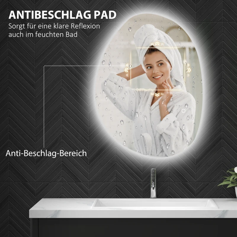 HOMCOM 70 x 50 cm Asymmetrischer Badspiegel mit LED-Licht, Smart Touch Schalter, Anti-Beschlag-Funktion, Silber