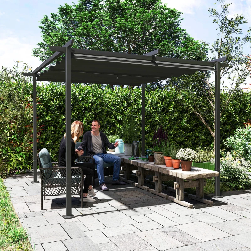 Outsunny 3 x 3 m Garten-Pergola mit verstellbarem Dach, Metallrahmen, UPF30+ Schutz, Sonnendach für Veranda, Terrasse, Dunkelgrau