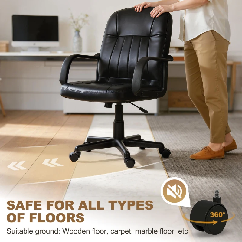 HOMCOM Executive Office Chair for Home, Mid Back PU Leather Computer Desk Chair for Adults with Arm, Wheels, Black