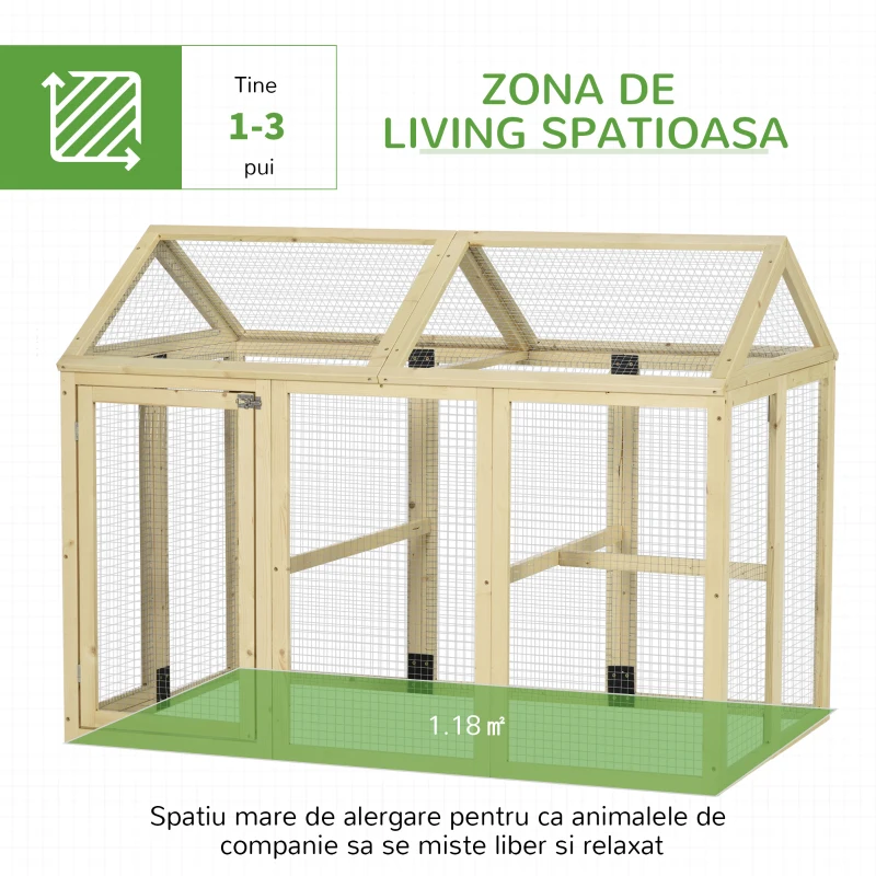 PawHut Adăpost pentru Găini de Exterior din Lemn, Cușcă cu Uși Multiple și Plasă Metalică, 140x88.5x106 cm, culoare Lemn